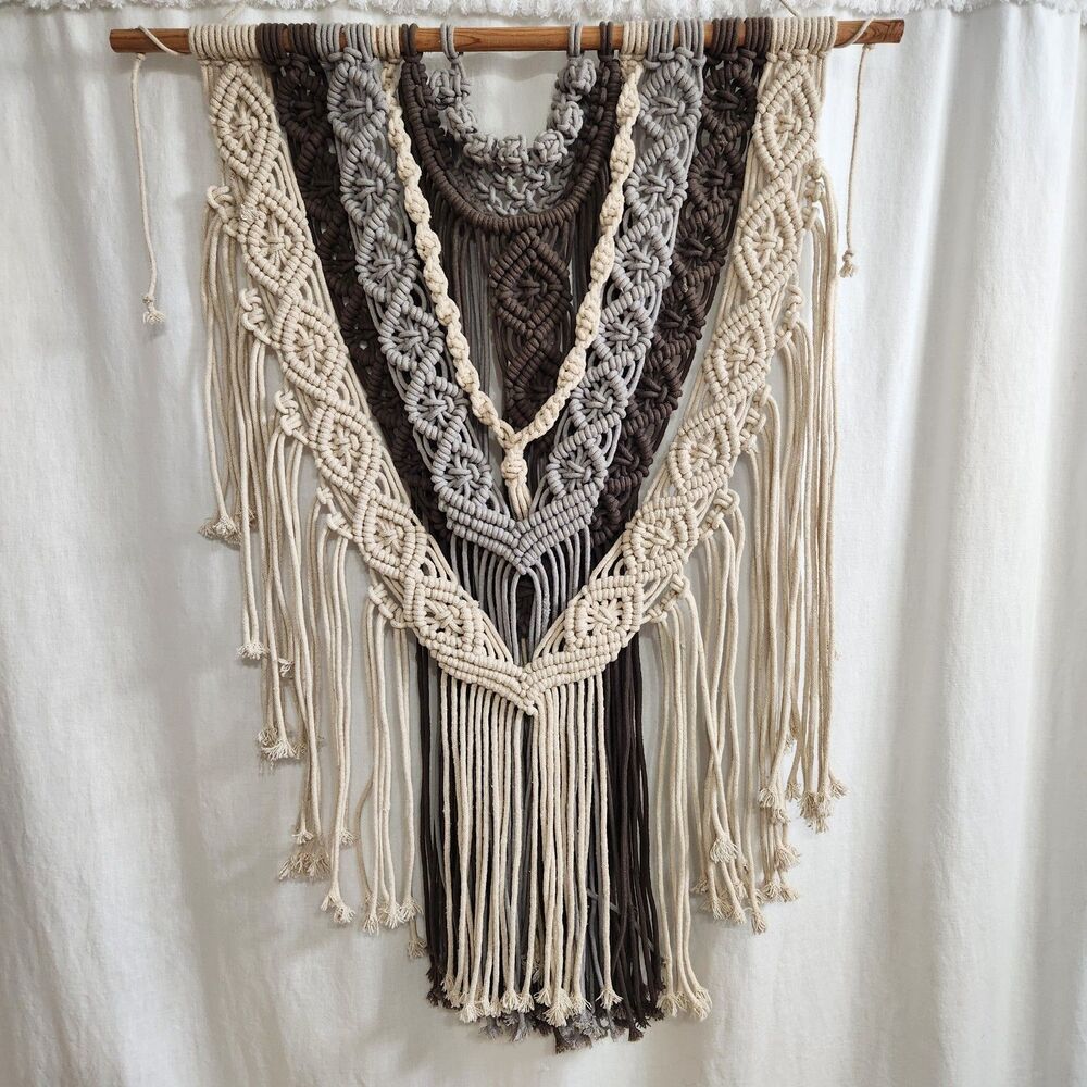 Modern Boho Macrame Wall Hanging Sage Green Cream Gray Layered Fiber Art 34x24